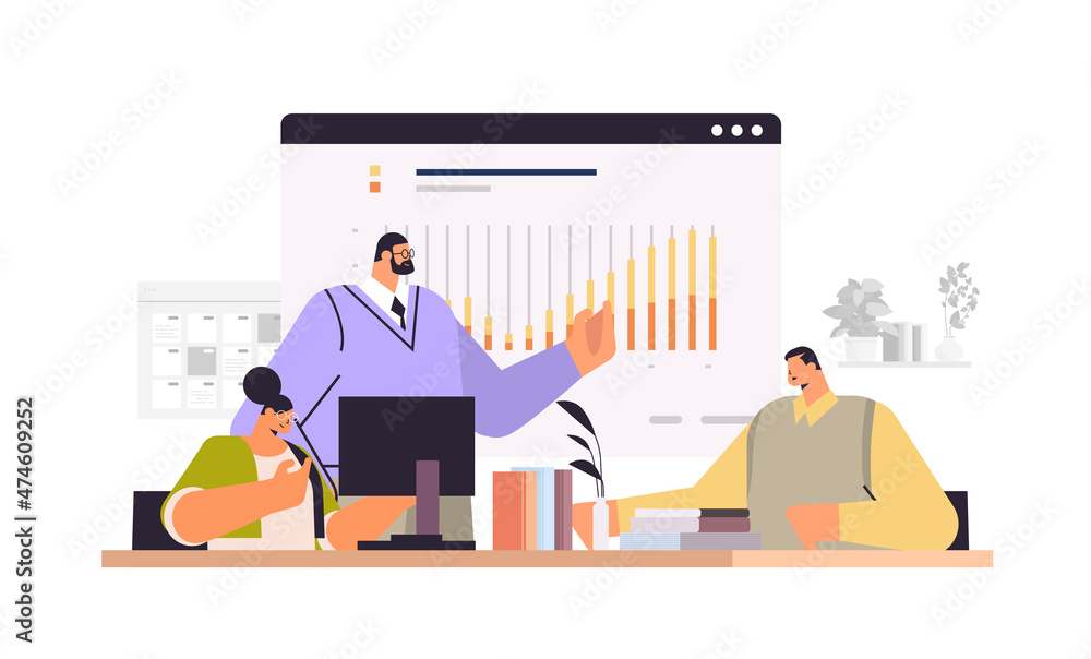 Poster businesspeople team analyzing statistics graph on digital screen business data analysis monitoring i