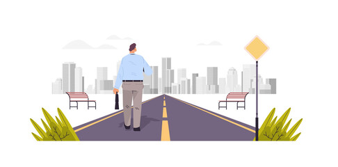businessman with suitcase standing on asphalt road business man looking at modern architecture leadership successful vision