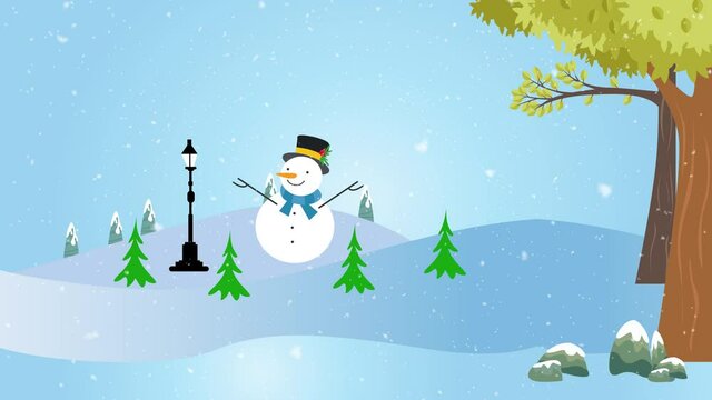 Cute snowman standing under snowfall