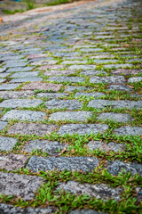 Cobblestone street texture. Regular shapes of cobblestone road, abstract background of old cobblestone pavement close-up.