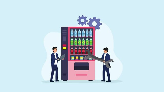 Two technicians fixing vending machine