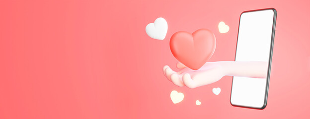 character hand rendering holding a pink heart sticking out of the phone for valentine background