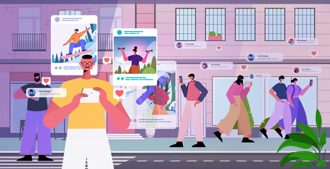 addicted people bloggers sharing photos at social networks men women making posts for followers social media addiction