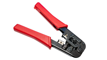Isolated on white background Internet cable crimping tool. Crimping pliers for modular connectors....