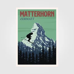 Fotobehang ski jumping at matterhorn mountain poster vintage illustration design, alpine mountain ski resort poster print © linimasa