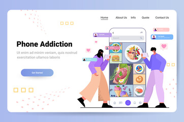 bloggers sharing and watching photos at social networks couple making posts for followers social media addiction