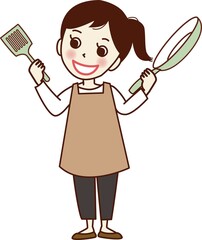 フライ返しとフライパンを持つ笑顔の女性。