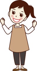 エプロン姿でガッツポーズをする笑顔の若い女性。