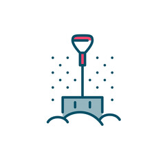 Shovel in a snowdrift. Clearing snow in winter weather. Pixel perfect, editable stroke colorful icon