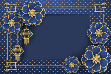 Chinese New Year festival banner design with gold lamps and flowers on blue pattern background with frame for your copy space.