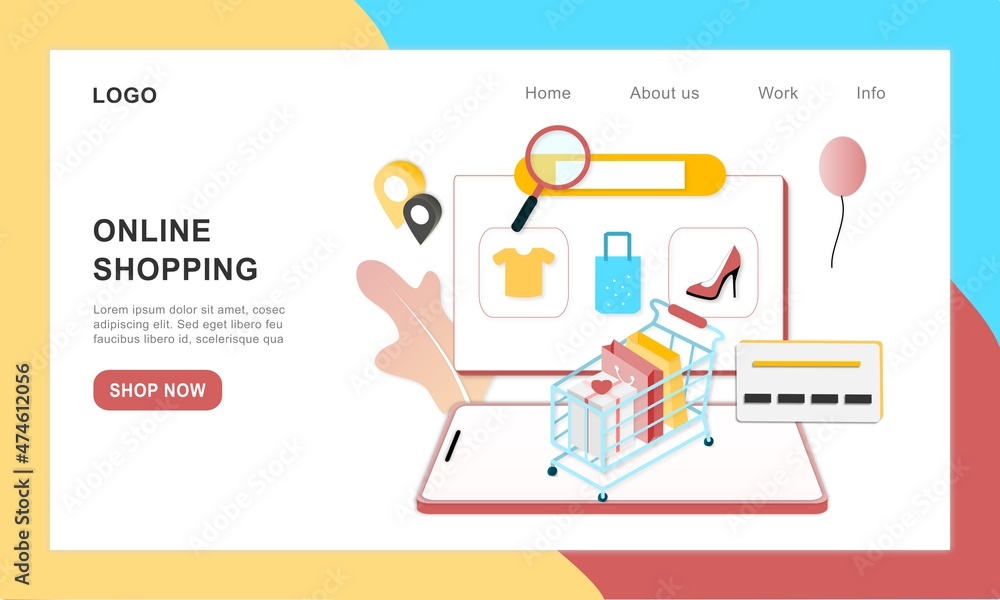Poster 3d realistic online shopping on landing web page or mobile application concept of vector digital mar