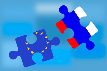 the flag of the European Union and the flag of Russia in the form of puzzles on a blue background, the concept of economic, financial, political and military relations between the two countries.