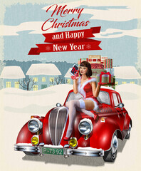 Christmas pin-up girl with gift box in hands while sitting on retro car.Merry Christmas and Happy New Year postcard.