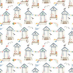 Beach huts with seagulls and beautiful decoration design elements isolated on white background. Seamless watercolor pattern, summer marine illustration for textile, wallpaper or wrapping paper.
