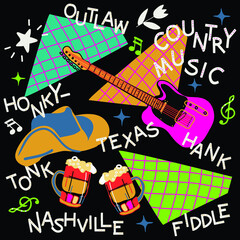 country music set with cowboy hat, beer mug  and electric guitar