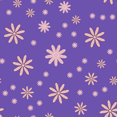 Lilac seamless pattern. Cute white flower on a purple background. Modern classic floral design for textile and print decoration. Bloom and foliage, trendy print on lilac. Vector illustration
