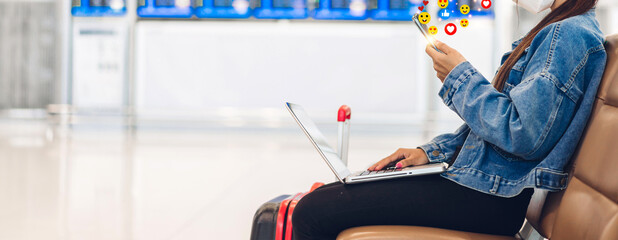 Portrait of woman relax use digital technology social communication with smartphone.Young asian girl look at mobile phone screen with icon online social media