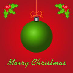 Green Christmas Ball on Dark Background with mistletoe and Greetings. Classy Card or Poster