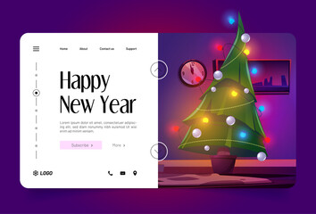Happy New Year cartoon landing page. Room at Christmas night, home interior with decorated potted fir tree with toys and glowing garlands, Xmas eve celebration, winter holidays, Vector web banner - obrazy, fototapety, plakaty