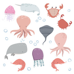 Sea inhabitants funny set with isolated cartoon images of msrine animals and fishes on white background, vector illustration. All elements isolated.