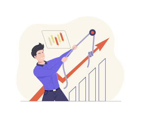 Business male pull graphic arrow startup strategy development. Data profit achievement infographic