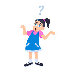 Little doubt girl kid asking question flat style design vector illustration isolated on white background. Cute girl thinking about something and question mark flies above her asking concept.