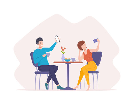 Happy couple drinking tea at home posing taking selfie talking online video call smartphone