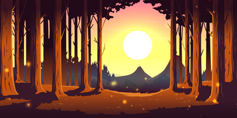 Nature landscape with forest, mountains on horizon and sun in sky at evening. Vector cartoon illustration of summer coniferous woods with pines and rocks on skyline at sunset or sunrise