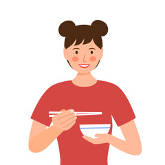 Chinese woman eating food using chopstick in flat design on white background. Asian girl eating lunch or dinner meal.
