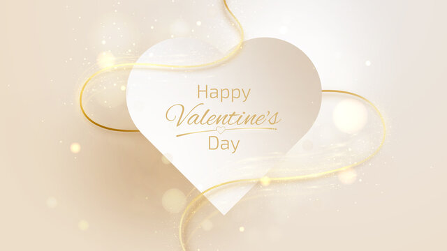 Valentine day background with heart shape elements and golden line with glitter light effects.