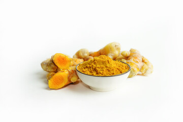 Fresh turmeric on white background,raw material for cooking. Close up.