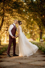Newlyweds walk along the trees alley in the park. Wedding day in autumn. Wedding walk of the bride and groom at sunset. Beautiful kiss of the bride and groom.