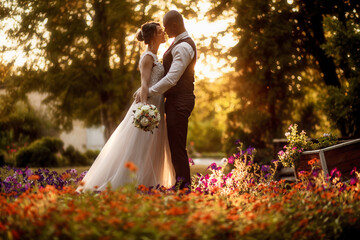Bride and groom stand in a beautiful green garden on a warm autumn day. Newlyweds walk along the trees alley in the park. Wedding walk of the bride and groom at sunset. Beautiful kiss of newlyweds - Powered by Adobe