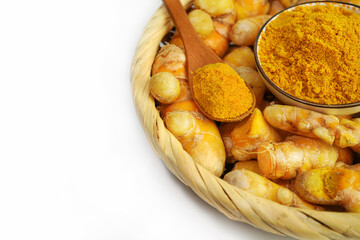 Fresh turmeric on white background,raw material for cooking. Close up.