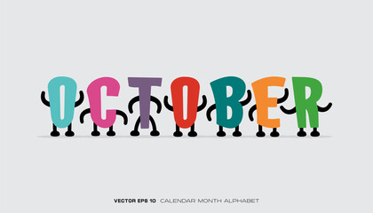 An alphabet that says October with colorful designs and characters.
