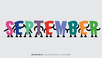 An alphabet that says September with colorful designs and characters.