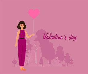 Happy Valentines Day greeting card with young girl with heart shape emotion on pink background.