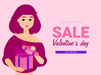 Happy Valentines Day greeting card with young girl with heart shape emotion on pink background.