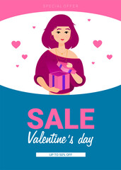 Happy Valentines Day greeting card with young girl with heart shape emotion on pink background.