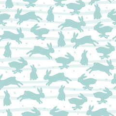 Seamless winter pattern with hares, snowflakes and strip.