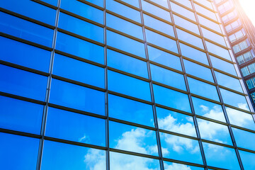 Exterior of glass office building. Transparent glass wall of office building.