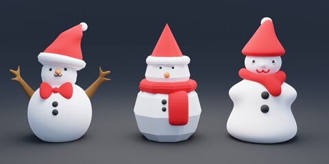 Snowman set 3 styles, illustration for decoration, concept Christmas and New Year. 3D rendering