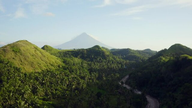 Aerial shot of perfect landscape in Quitinday hills and Mayon volcano in Camalig albay