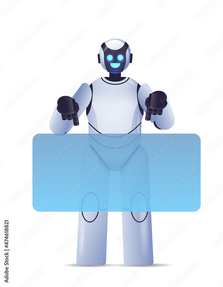 Aufkleber cute robot cyborg pointing at virtual board modern robotic character artificial intelligence technol