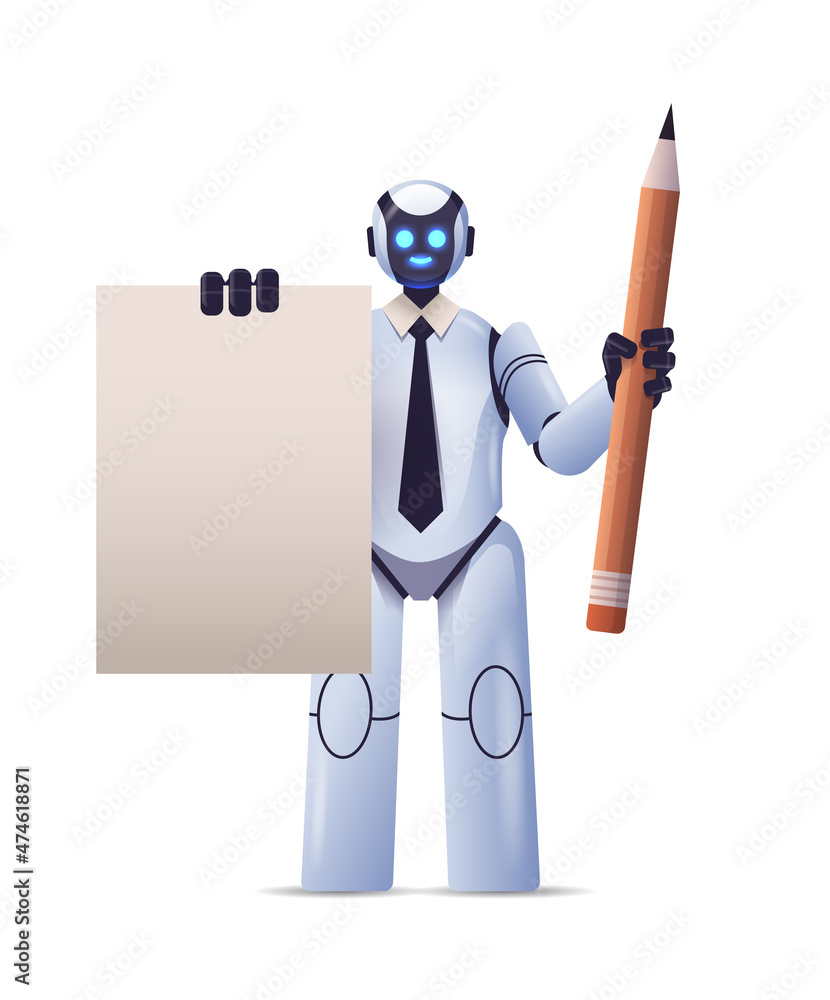 Aufkleber robot cyborg holding notepad and pencil robotic character artificial intelligence technology concept