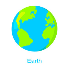 Earth planet icon with name isolated on white background. Universe element or Solar system. Kids planetary. Vector cartoon illustration.