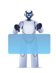 cute robot cyborg pointing at virtual board modern robotic character artificial intelligence technology concept