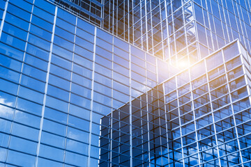 Exterior of glass office building. Transparent glass wall of office building.