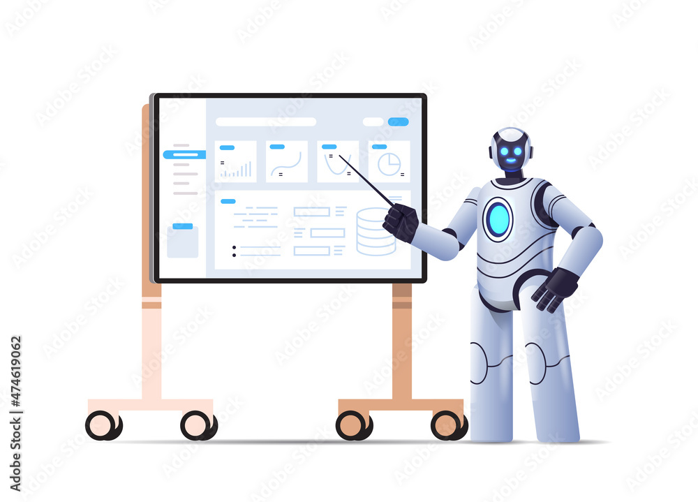 Poster robot analyzing statistics financial data robotic character making presentation on bord artificial i