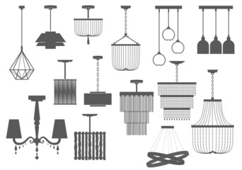 Classic and modern chandelier set. Lamps silhouette. Vector illustration - obrazy, fototapety, plakaty